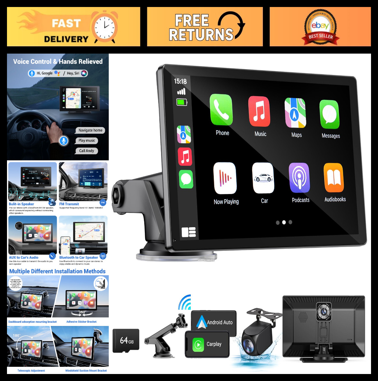 9″ Wireless CarPlay & Android Auto Stereo, 4K Dash Cam, 1080p Backup Camera, GPS