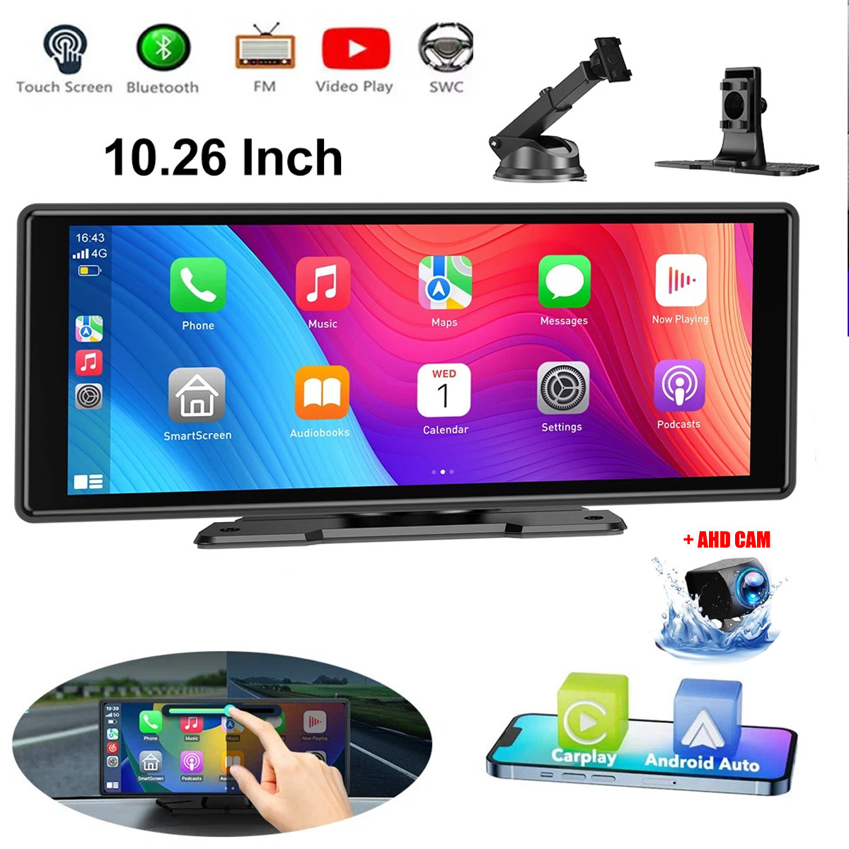 10.26″ IPS Touch Screen Car Radio Apple CarPlay Android Auto Portable Stereo+Cam