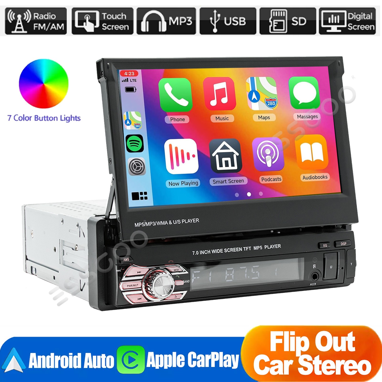 Single 1Din 7″ Car Stereo Radio Android/Apple Carplay Bluetooth Flip Out Carplay