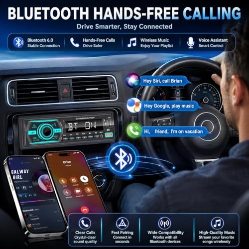 Car Stereo Bluetooth Single Din Radio, Car Audio with Push to Talk BLACK