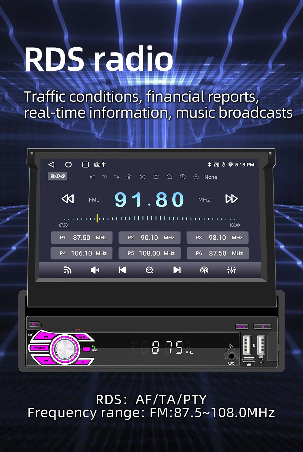 7″ 1 DIN Car Stereo Radio CarPlay Android 15 GPS NAV Flip Out Screen 4+64GB WIFI