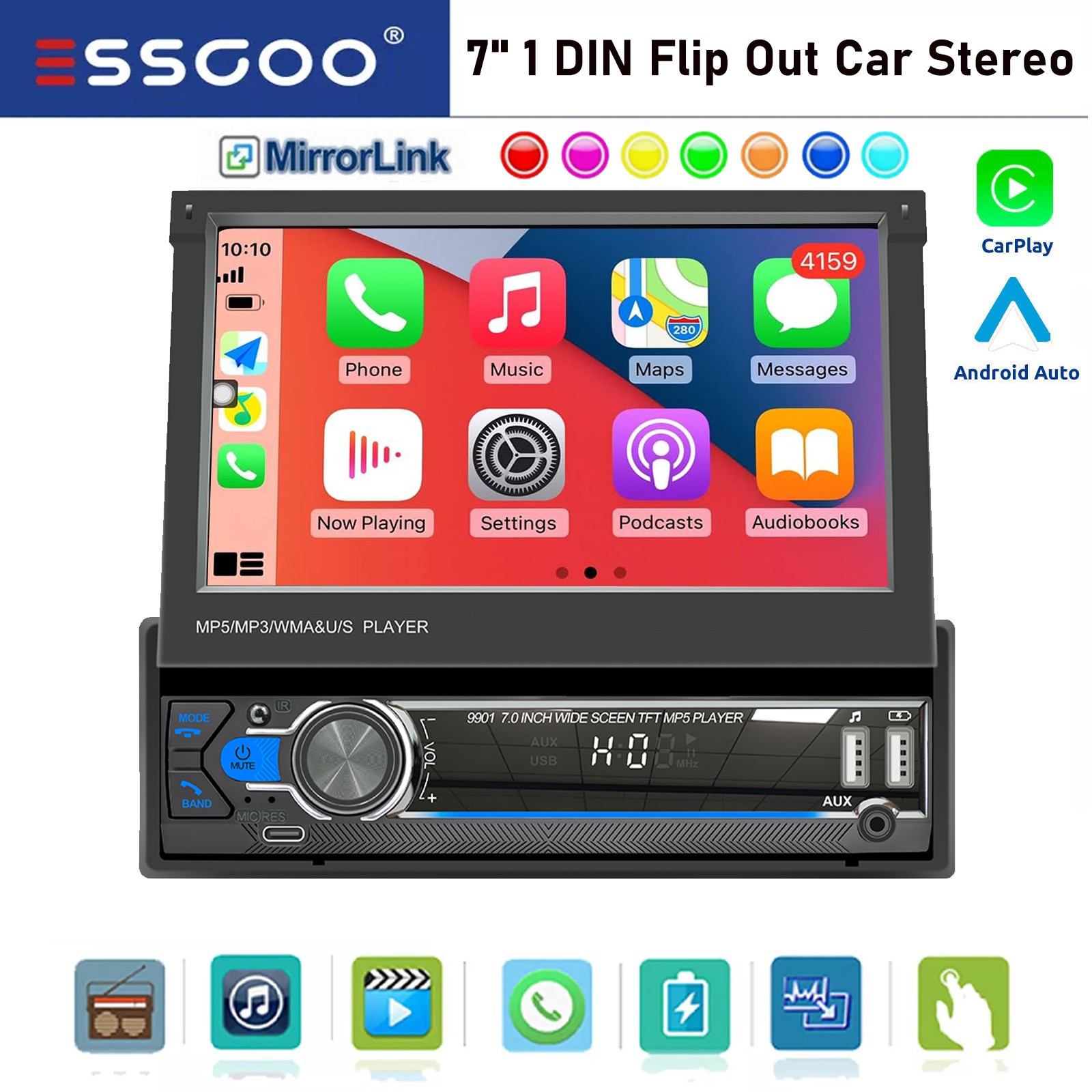 ESSGOO 7″ Car Stereo 1 DIN Radio Flip Out Touch Screen BT 2USB AUX Type-C Single
