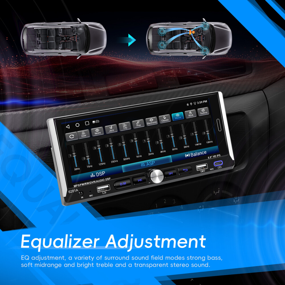 Single 1 DIN Car Radio GPS NAVI Carplay 6.9 Inch Stereo Player Android 15 2+64G