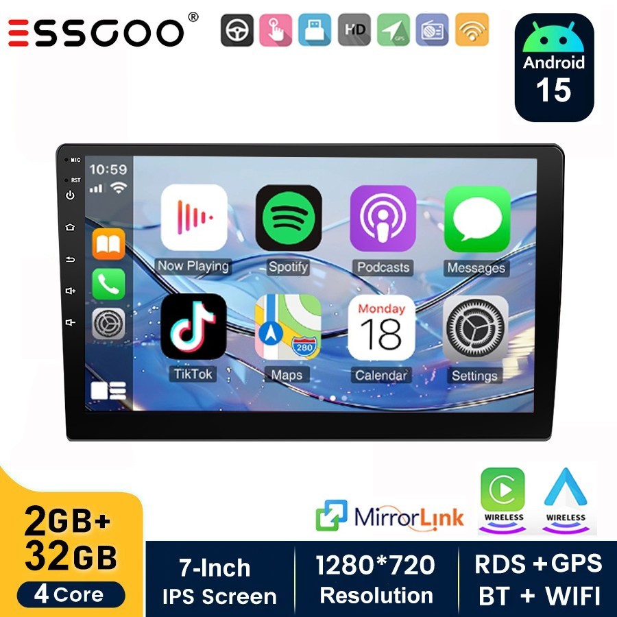 Double 2 Din 7”Car Stereo Touch Screen Car Radio GPS BT Apple CarPlay Android 15