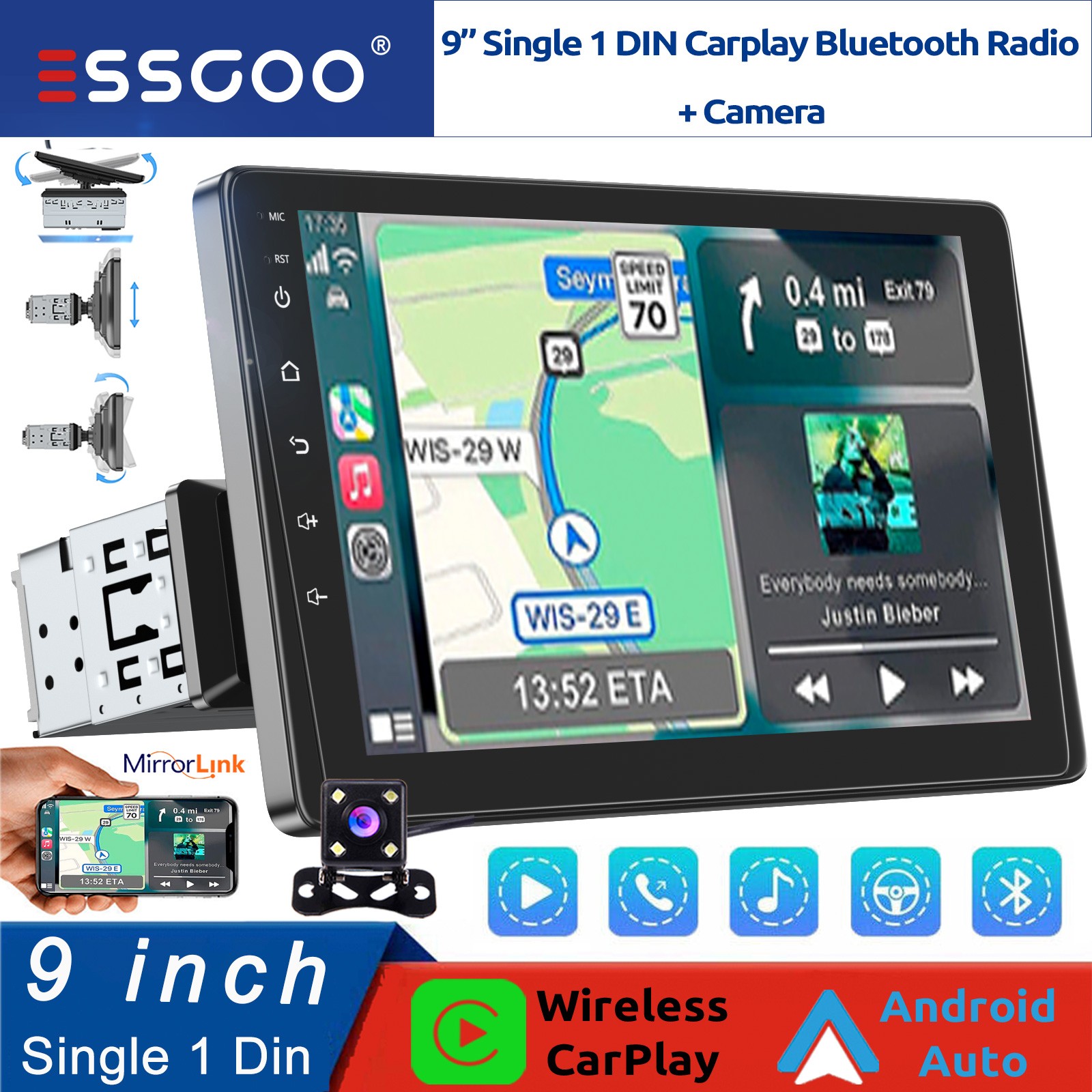 9″ Car Radio FM Apple/Android CarPlay Stereo BT Single 1 Din Head Unit + Camera