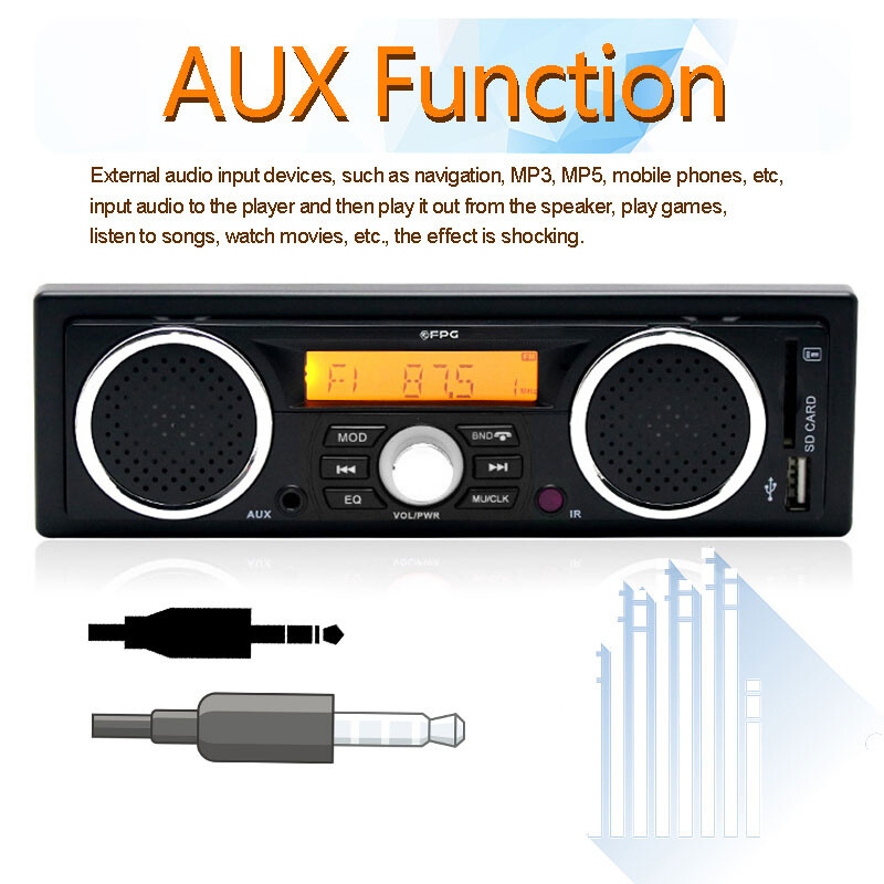 1 Din Car Stereo MP3 Audio Player Built-in 2 Speakers Car Radio Bluetooth USB/SD