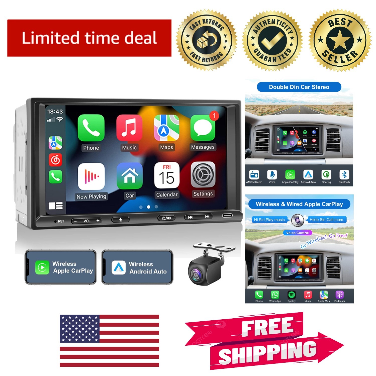 7-Inch Double Din Car Stereo with Wireless CarPlay & Android Auto – Elegant A…