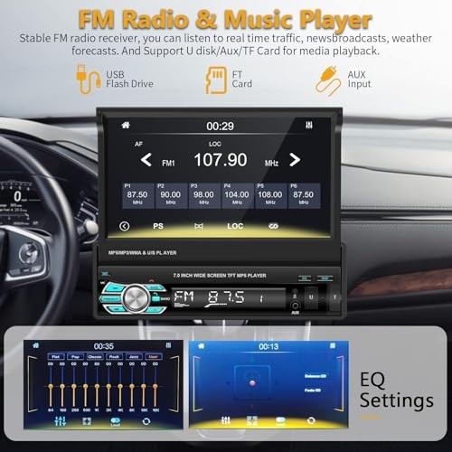 Single Din Carplay Car Stereo with Bluetooth AHD Backup Camera, 7 Inch flip