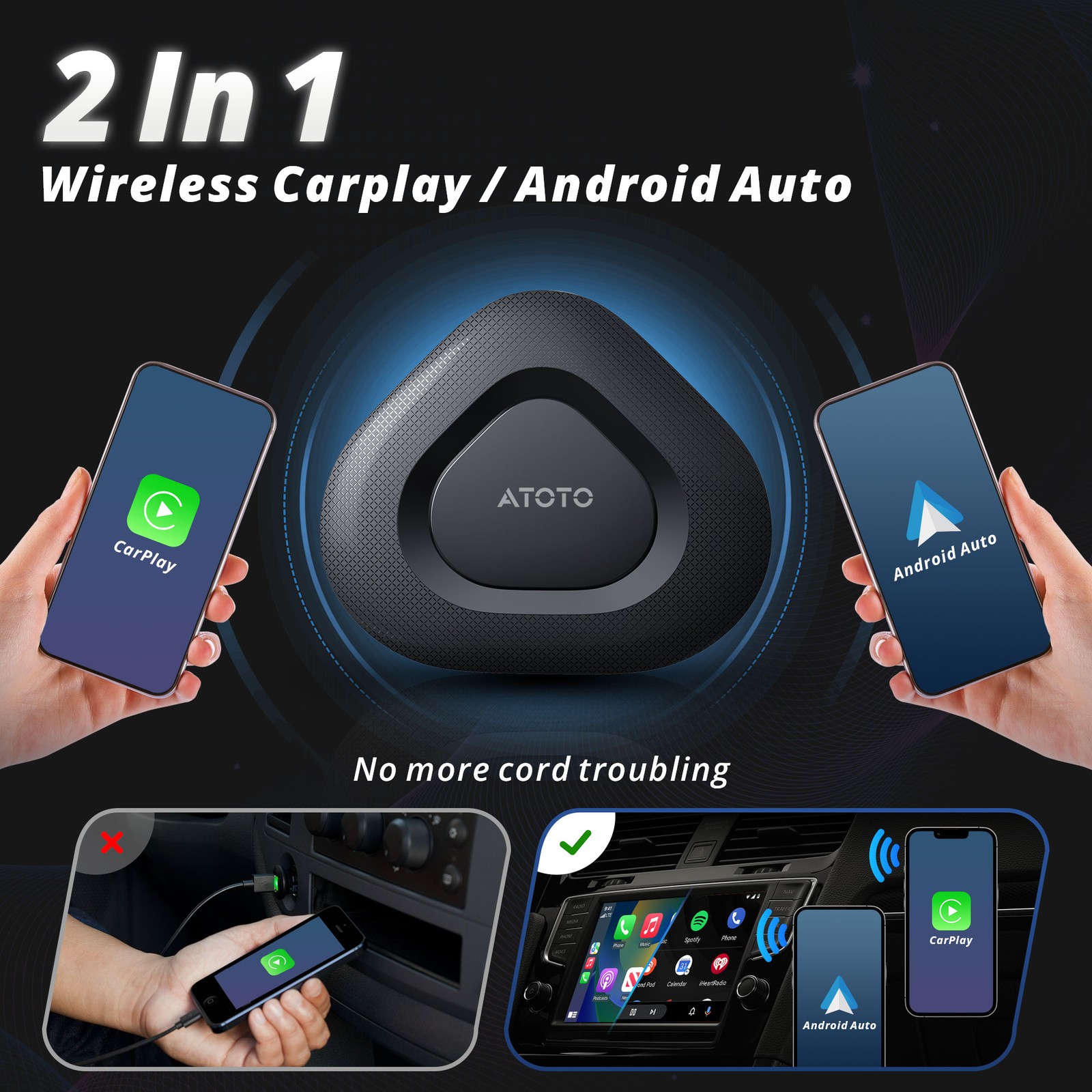 ATOTO Wireless Carplay Dongle Android Auto Adapter USB Car Connect Box Adapter
