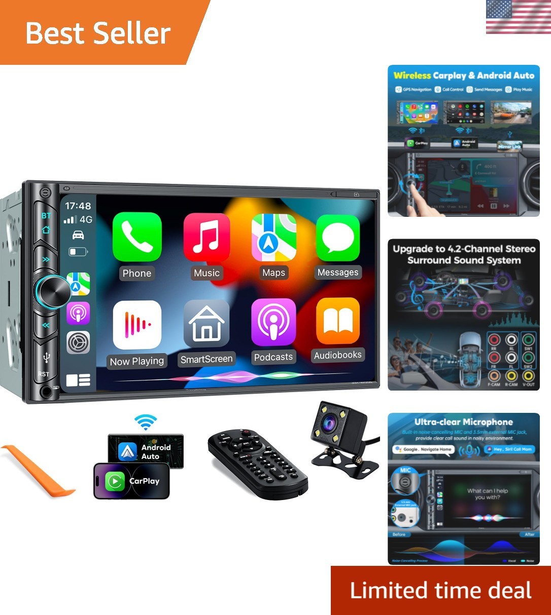 240W Bluetooth Car Audio Receiver – 7″ Touchscreen with Voice Control & Camera