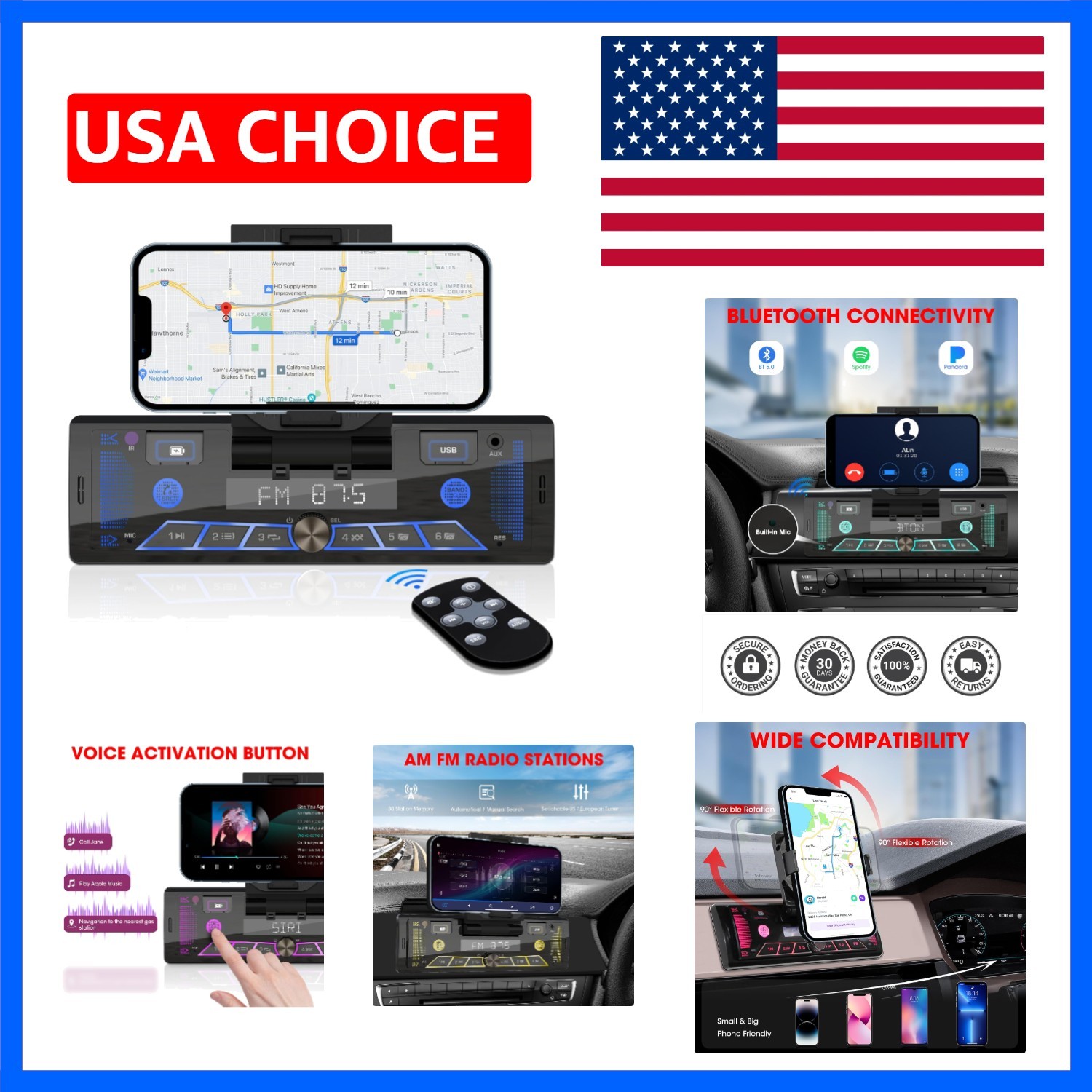 Single-Din Stereo with Car Phone Holder – Bluetooth Car Radio – Push to Talk …