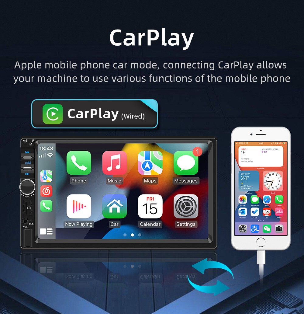 Apple CarPlay Android Auto Touchscreen Car Radio USB/AUX/TF/FM Double 2 Din 7″