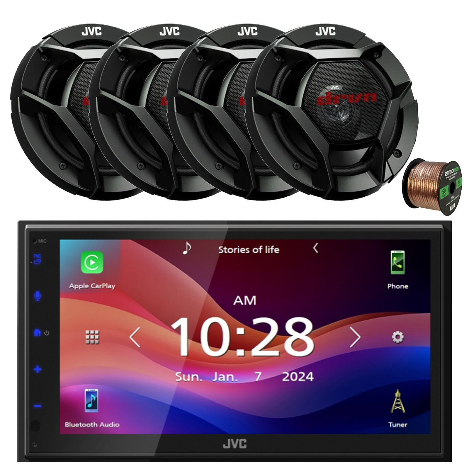 JVC KW-M695BW 6.8″ WiFi Bluetooth Receiver, 4x 6.75″ 300W Car Speakers w/Wire
