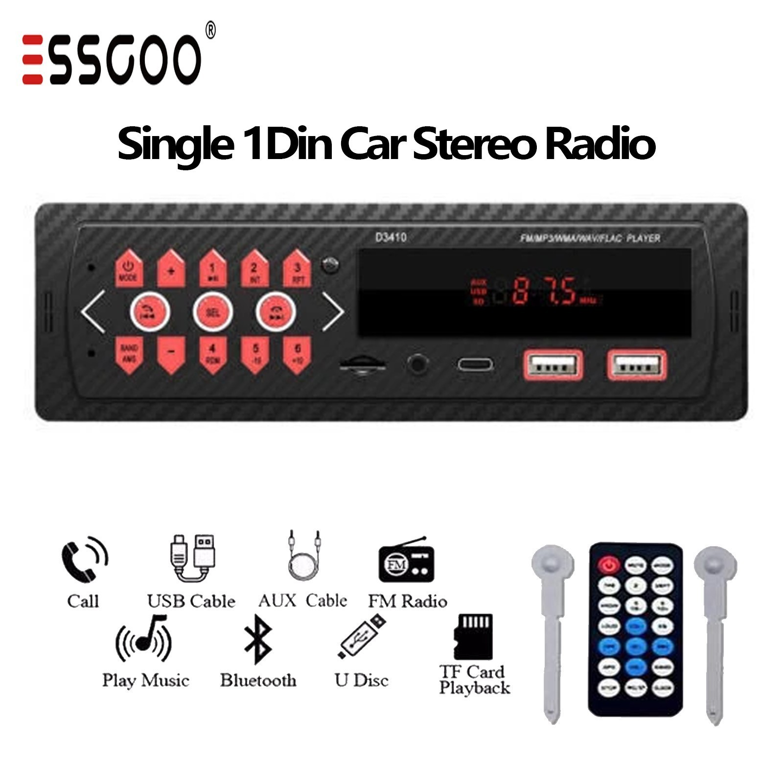 Single 1DIN Car Stereo Audio Bluetooth FM Radio MP3 Player SD USB AUX Head Unit