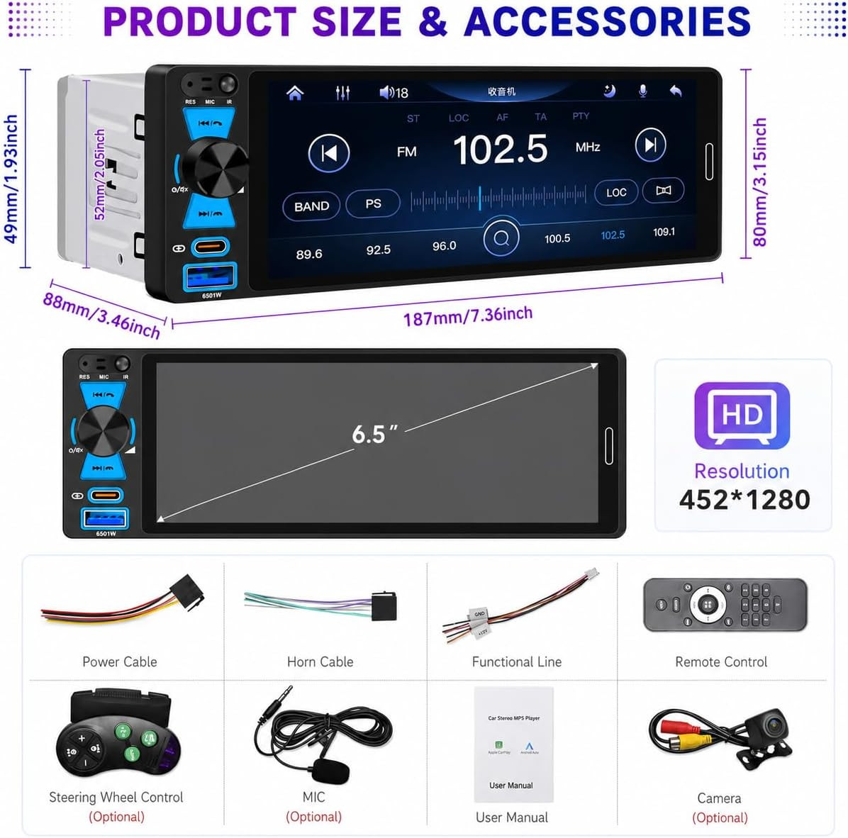 Single Din Car Stereo, 6.5 Inch In-Cell Touch Screen, Wireless Apple Carplay And