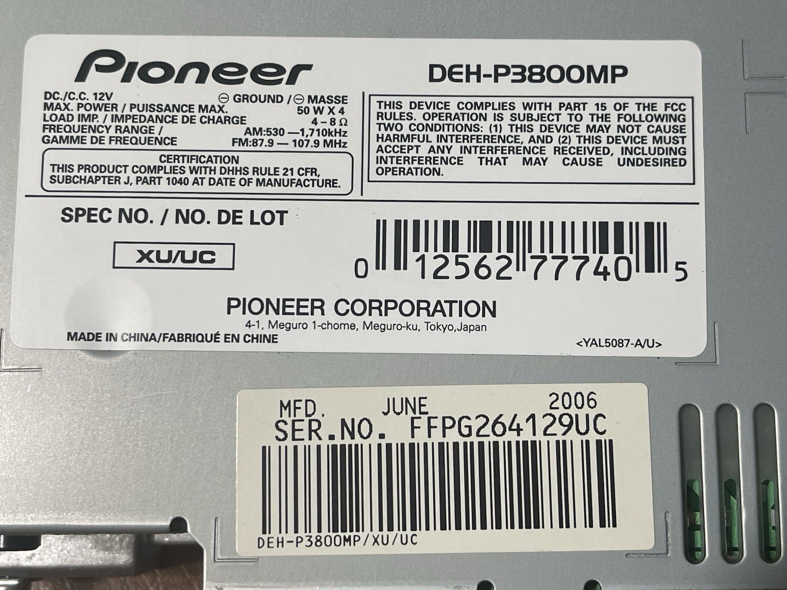 Pioneer “Old School”DEH-P3800MP, CD/MP3, Receiver 200 watts, Easy EQ