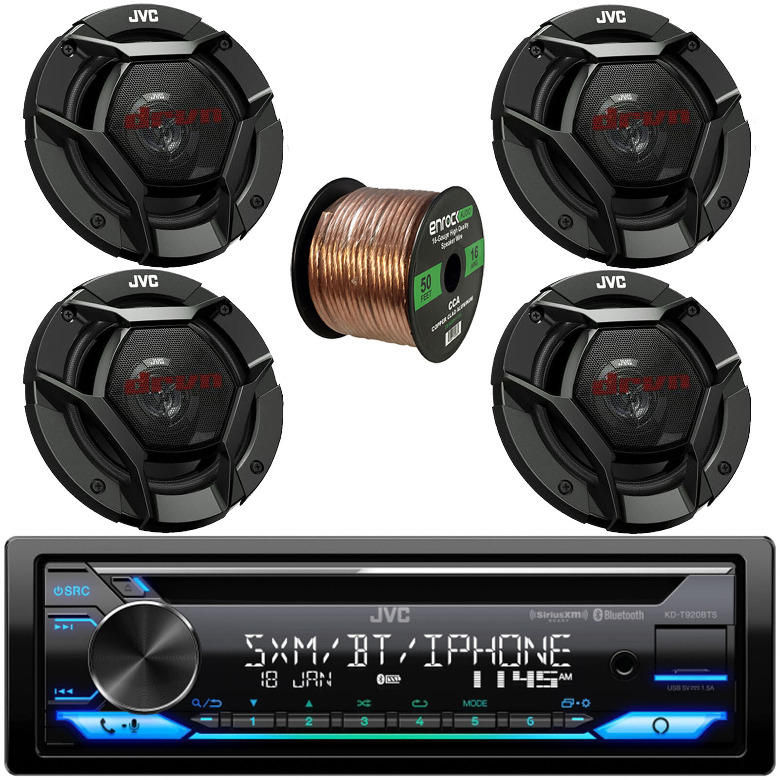 JVC KD-T920BTS CD Stereo Receiver, 2x 6.5″ 360W, 2x 6.5″ 300W Speakers w/Wire