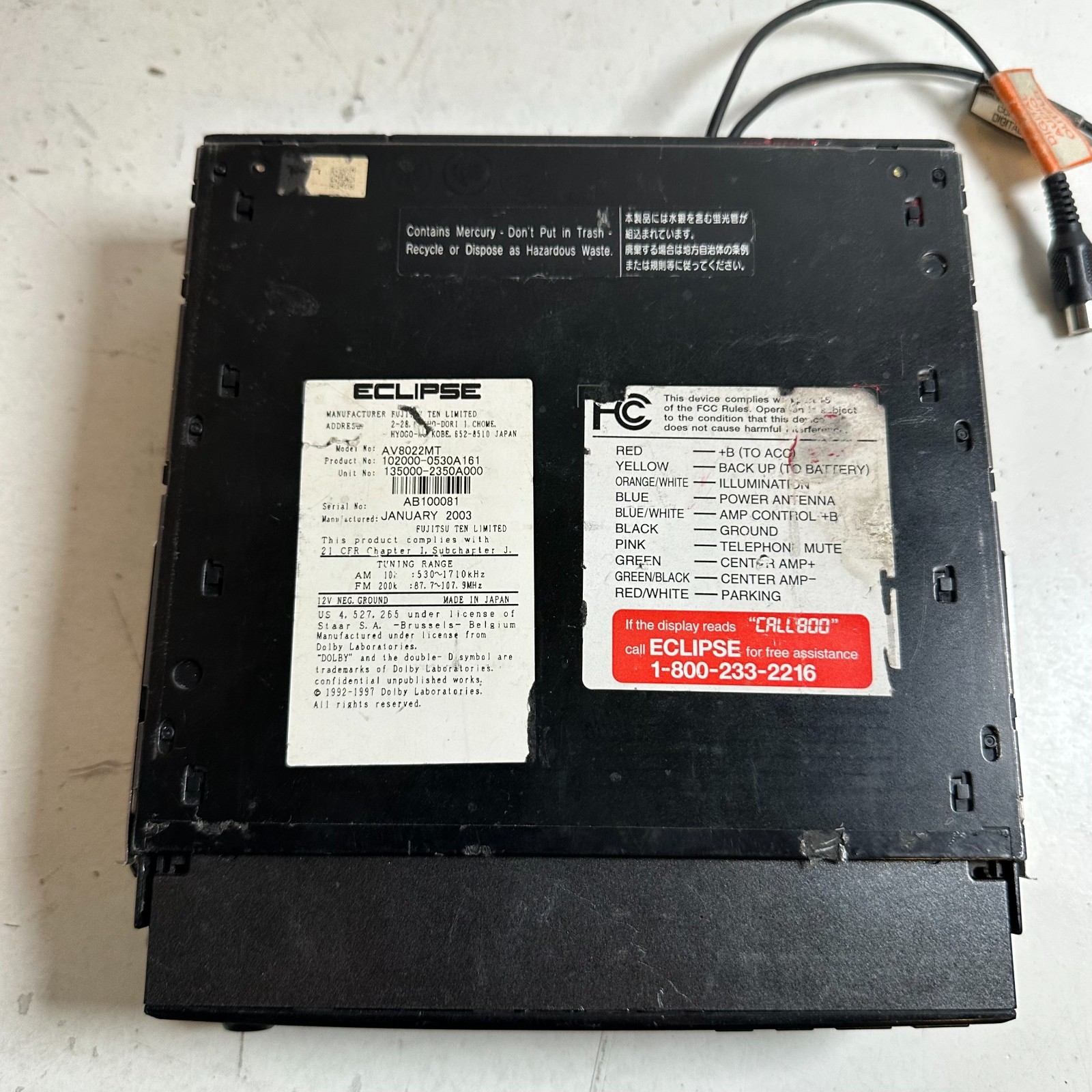 Eclipse Av8022 Compact AM/FM DVD Stereo MP3 In-Dash Media Player – Untested