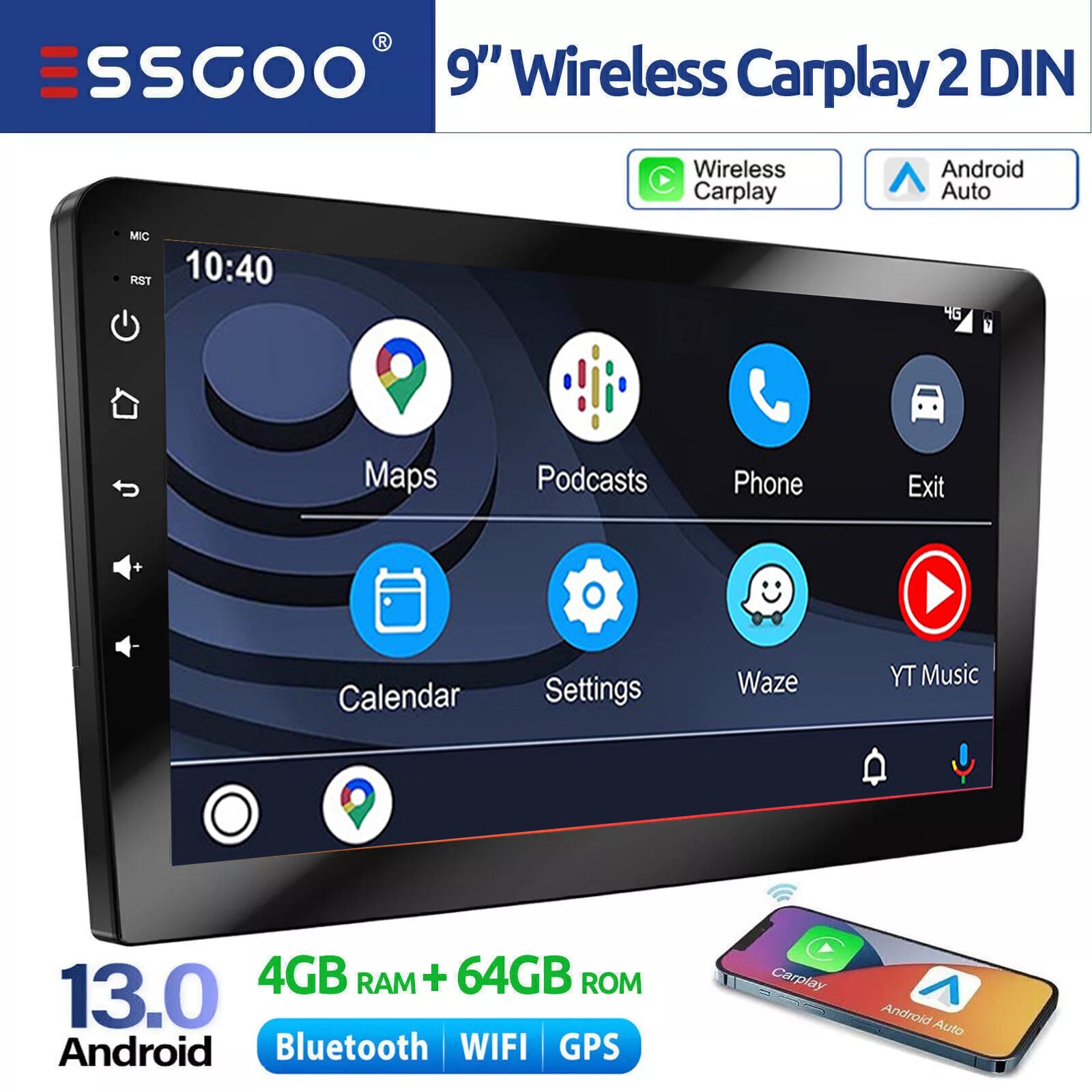 9″ 2 DIN Carplay Android 13 Car Stereo GPS NAVIGATION BLUETOOTH WIFI RDS 4+64GB