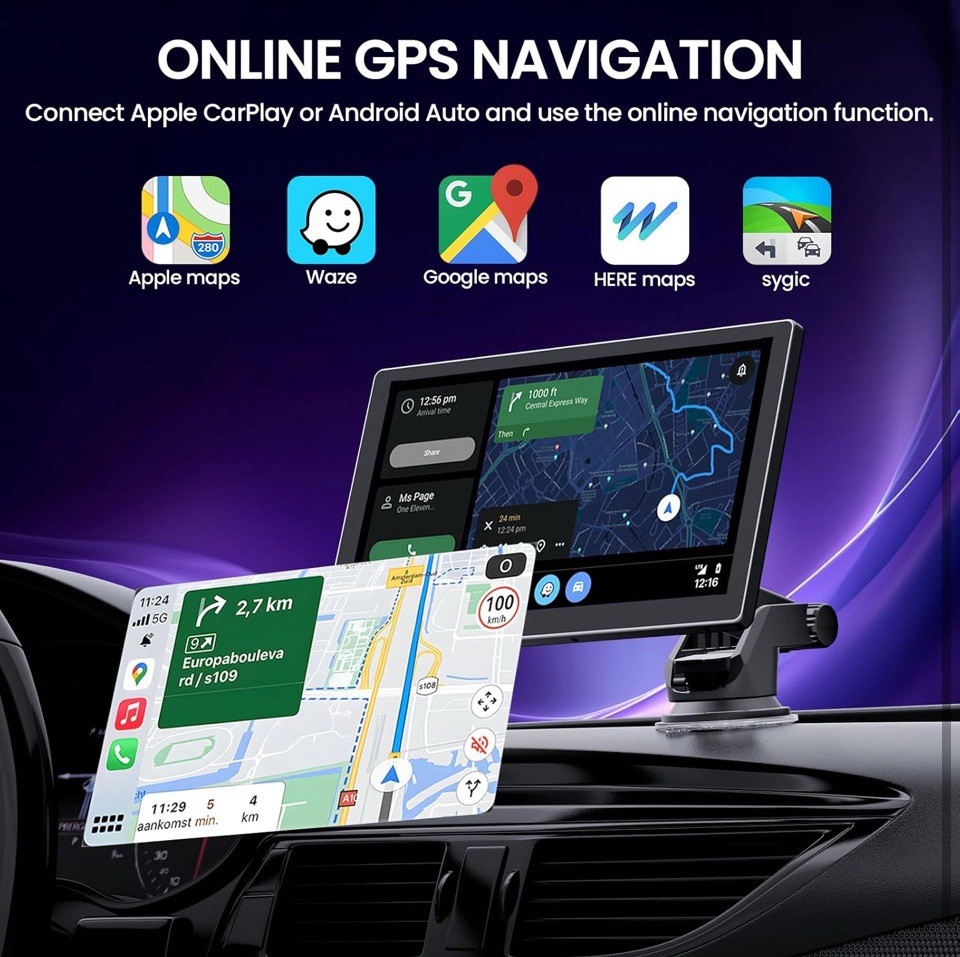 TECXERLLON 9″ Wireless Portable Carplay Screen & Android Auto Touch Screen Black