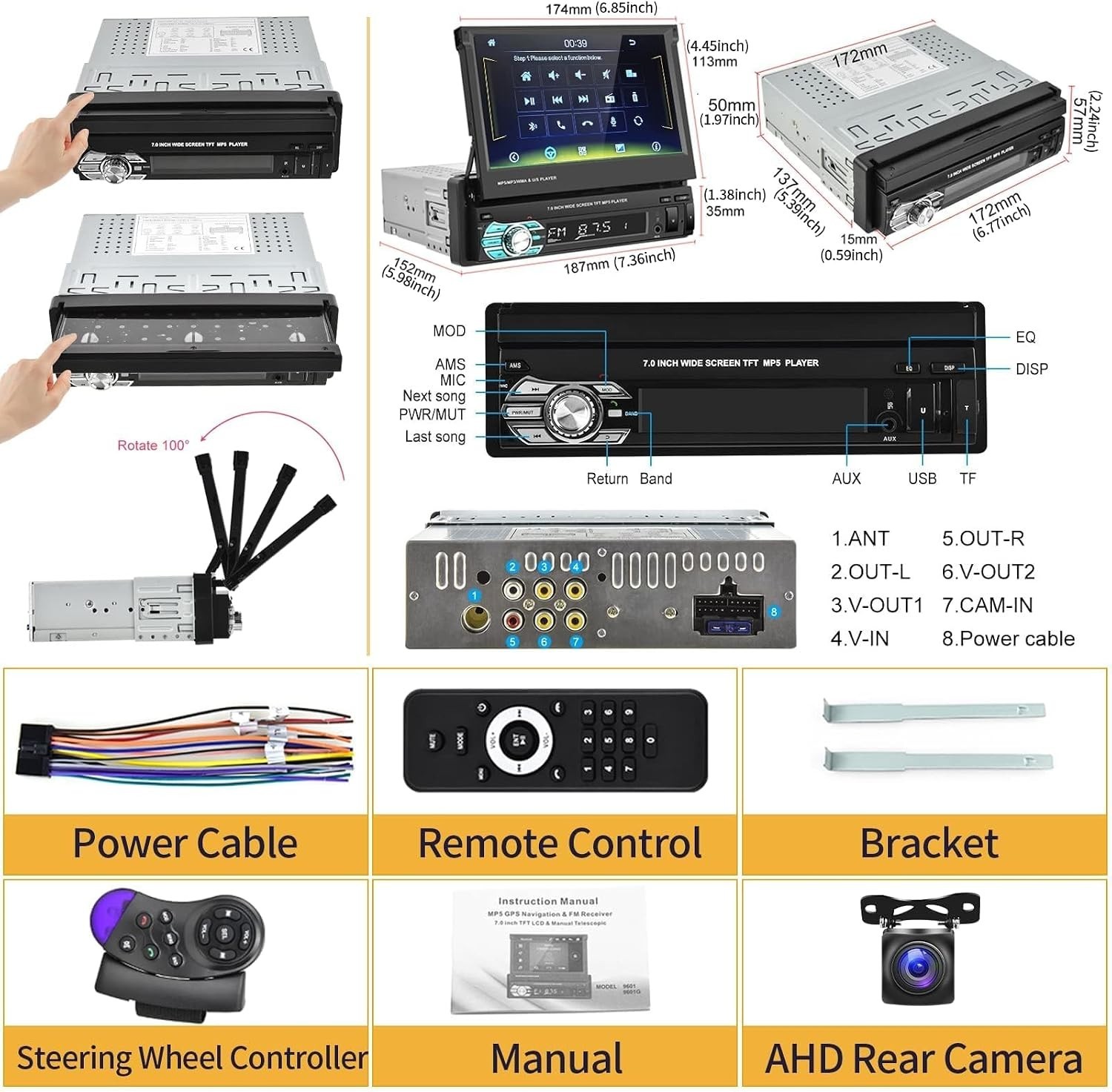 Single Din Car Stereo with AHD Backup Camera & Wireless Connectivity