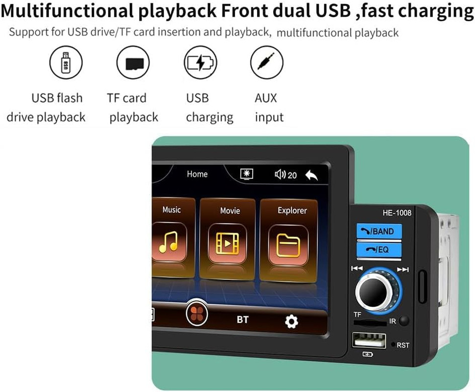 Single Din Car Stereo with Apple Carplay & Android Auto, 5 Inch HD Touch Screen