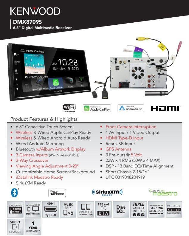 Kenwood DMX8709S 6.8” Radio w/ Bluetooth & Wireless Apple CarPlay + Android Auto