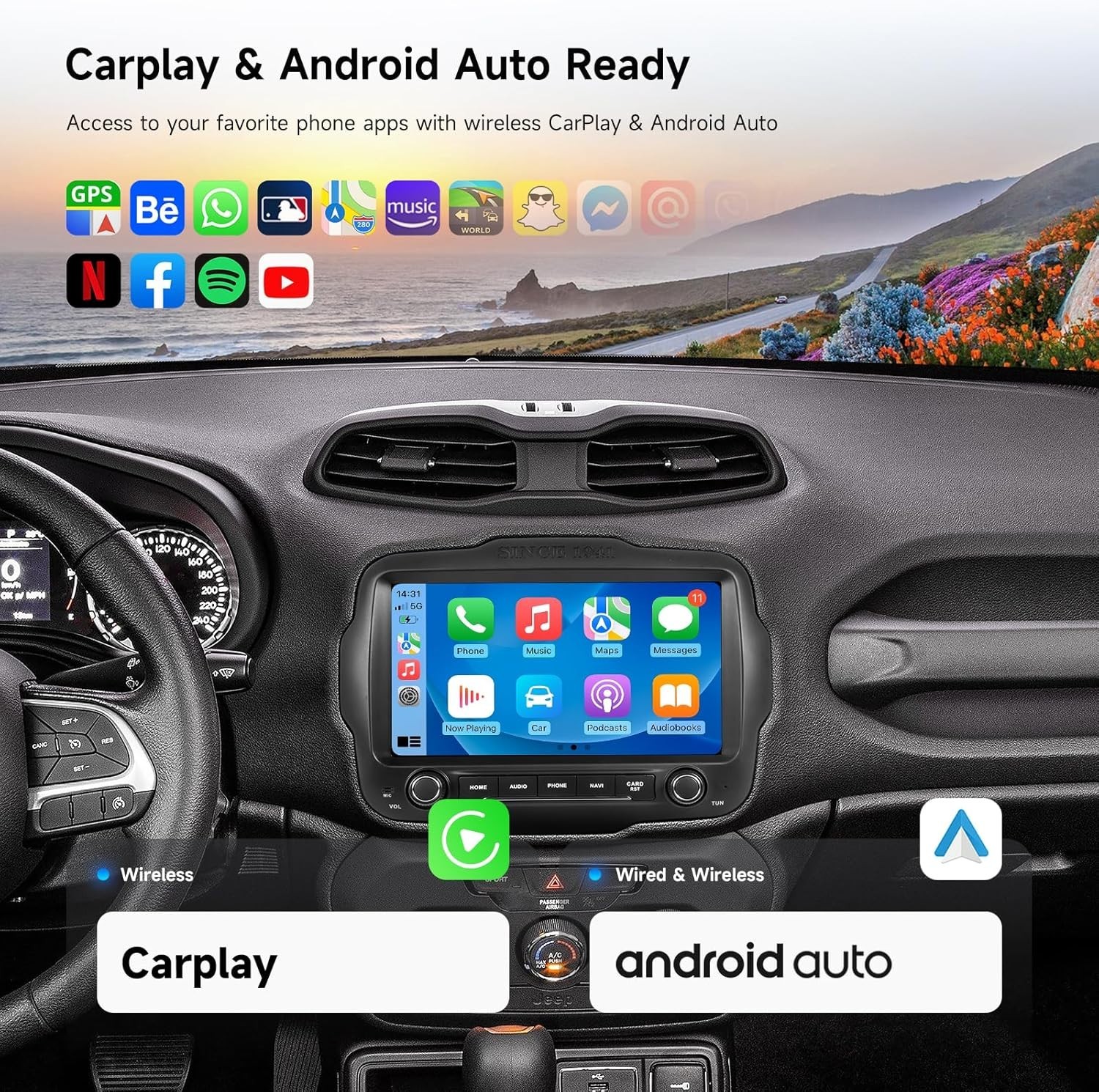 Dasaita 9″ Car Stereo for Jeep Renegade 2015-2022 T-style Wireless CarPlay GPS