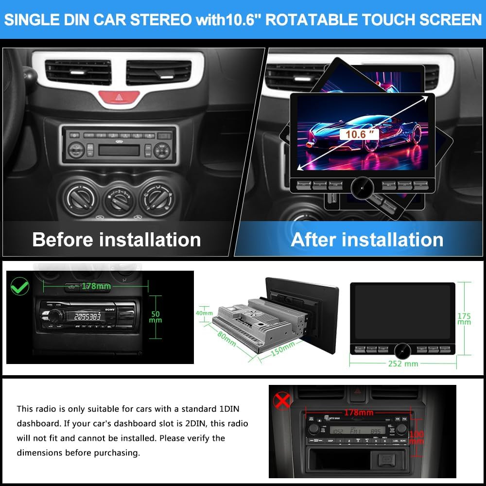 Single Din Car Radio Stereo Universal 8 Core Car Radio Rotatable Touchscreen10.6