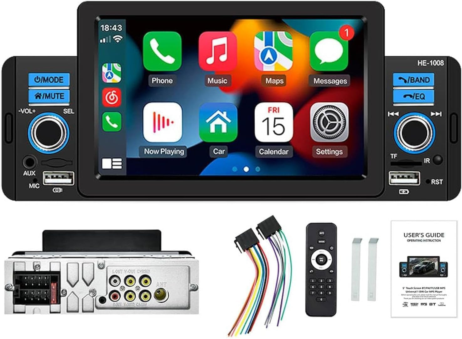 Single Din Car Stereo with Apple Carplay & Android Auto, 5 Inch HD Touch Screen
