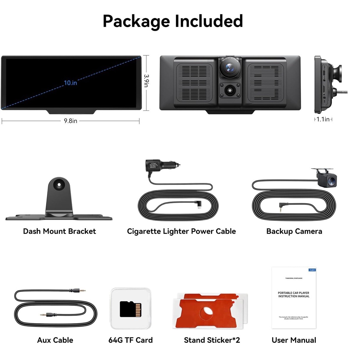Wireless Carplay Screen, 10.26 inch IPS FHD Touchscreen, Back Up Cam Dash Cam