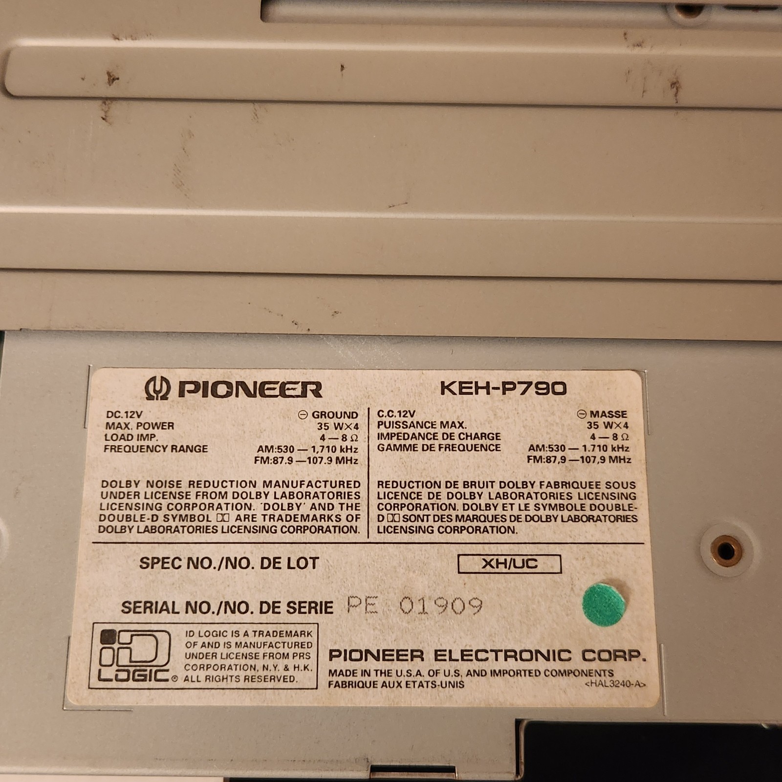 Pioneer Premier KEH-P790 Cassette Player W/ Main Controller/Manual/Box Nice Rare