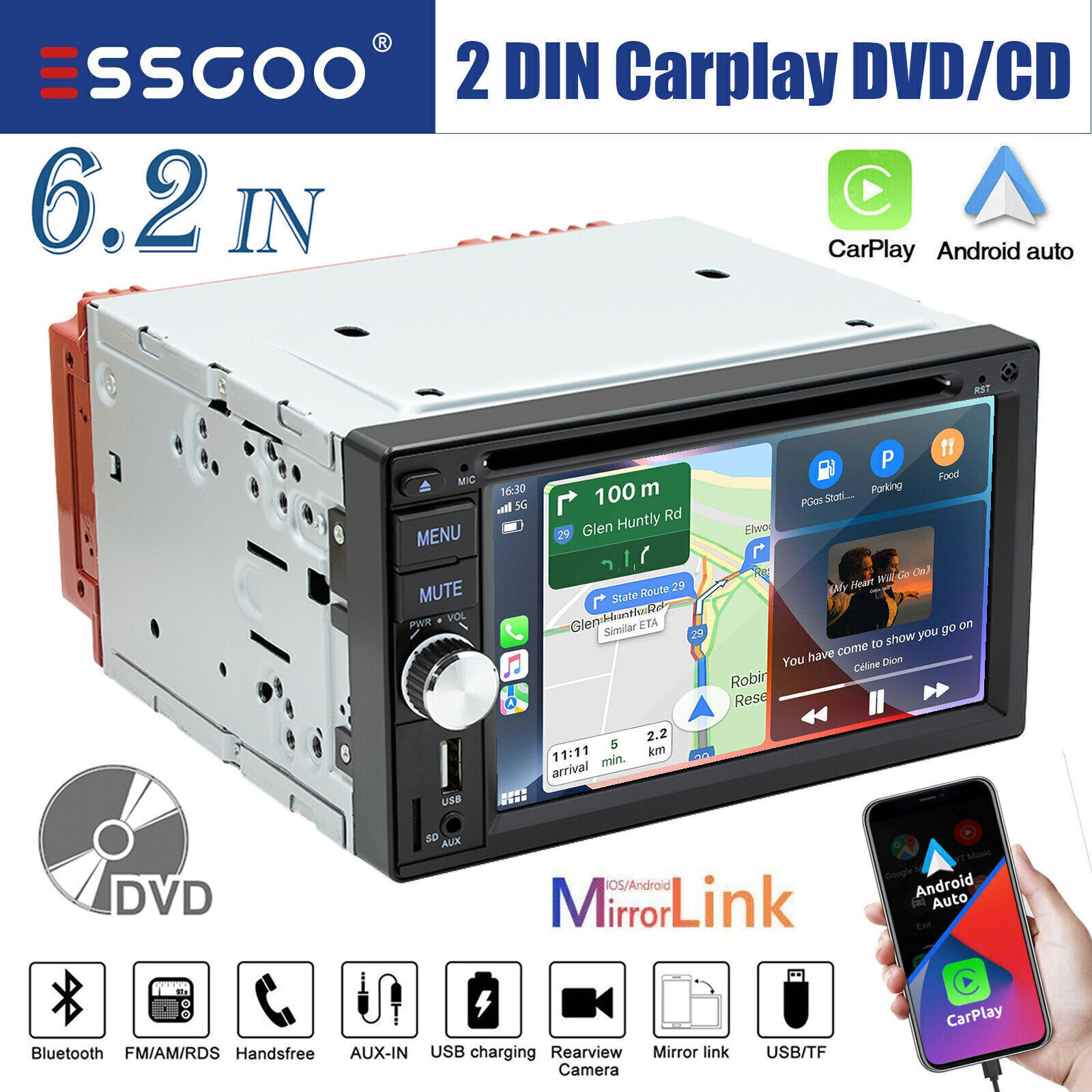 2 DIN 6.2″ Carplay Android Auto Car Stereo CD DVD MP5 Radio Bluetooth USB RDS/FM