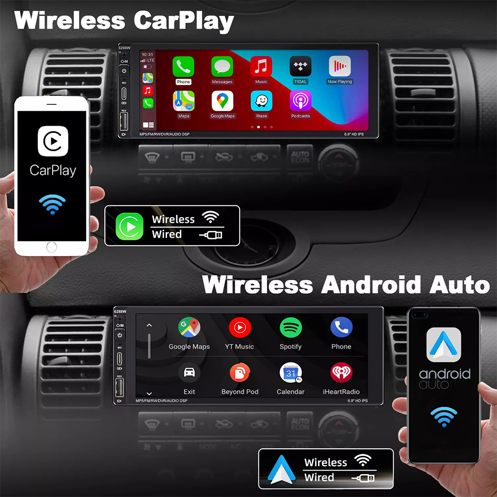 Single 1Din 6.9″Touch Screen Stereo Bluetooth Car Radio Apple/Android Carplay FM