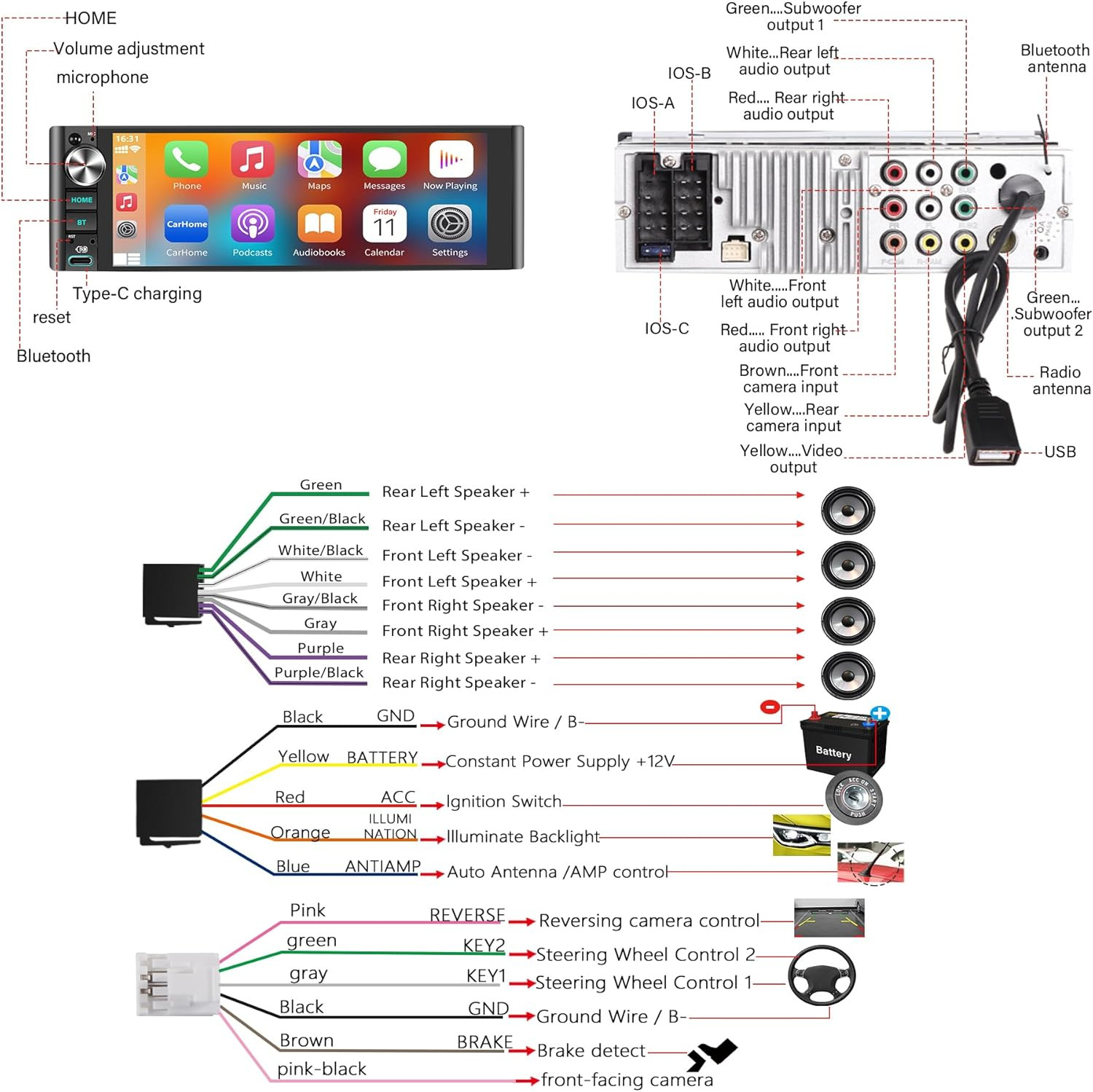 LSLYA Single Din Car Stereo with Wireless Apple CarPlay & Android Auto – 240W Ou