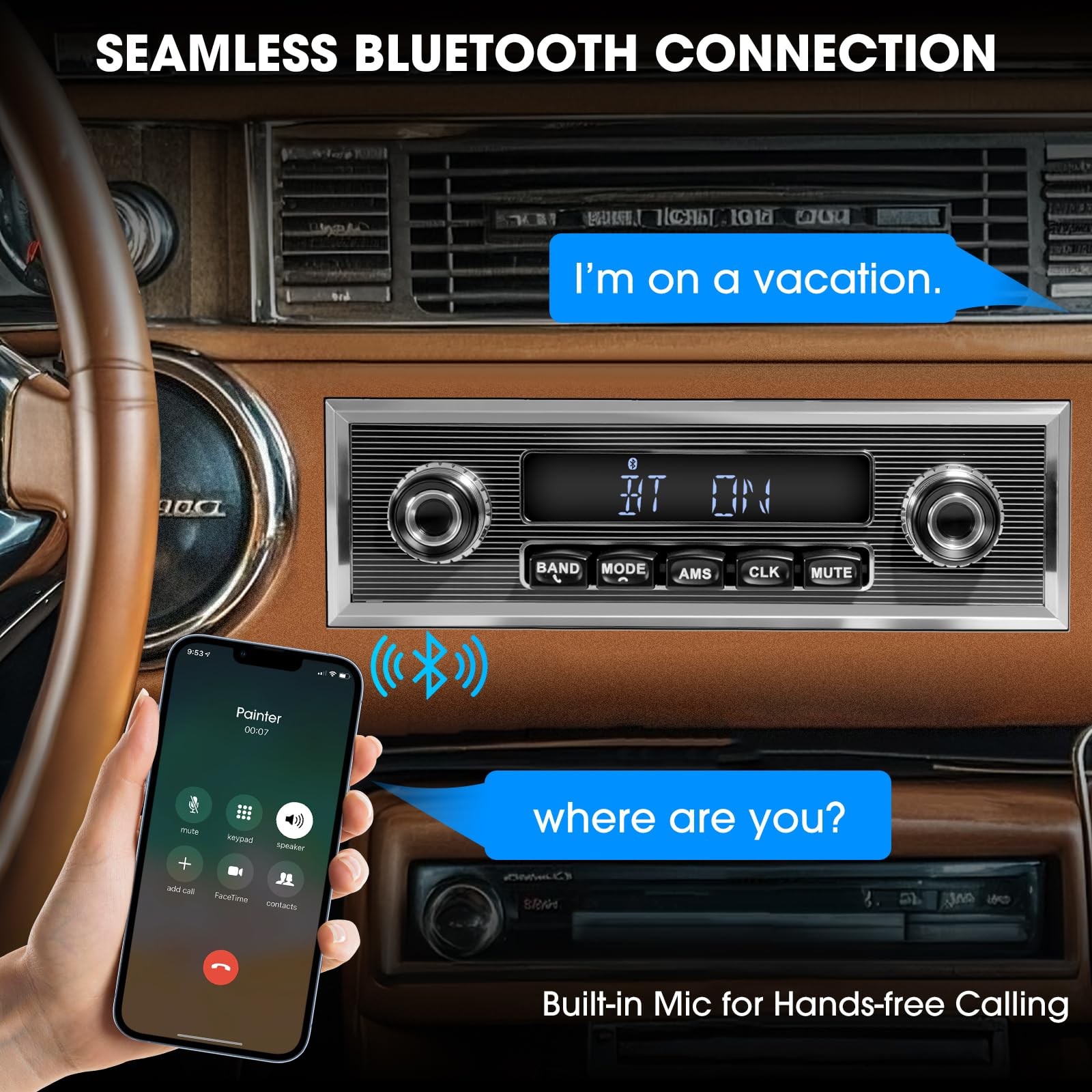Single Din Classic Car Stereo Vintage Retro Radio Blueooth