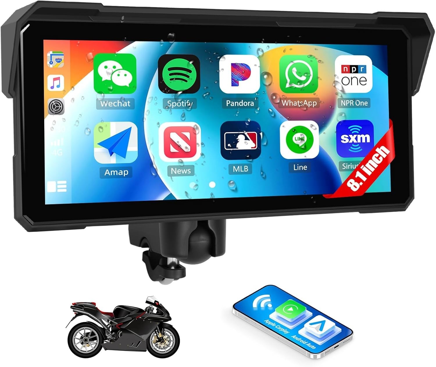 8.1 Inch IPS Waterproof Portable CarPlay Screen for Motorcycle with Wireless …