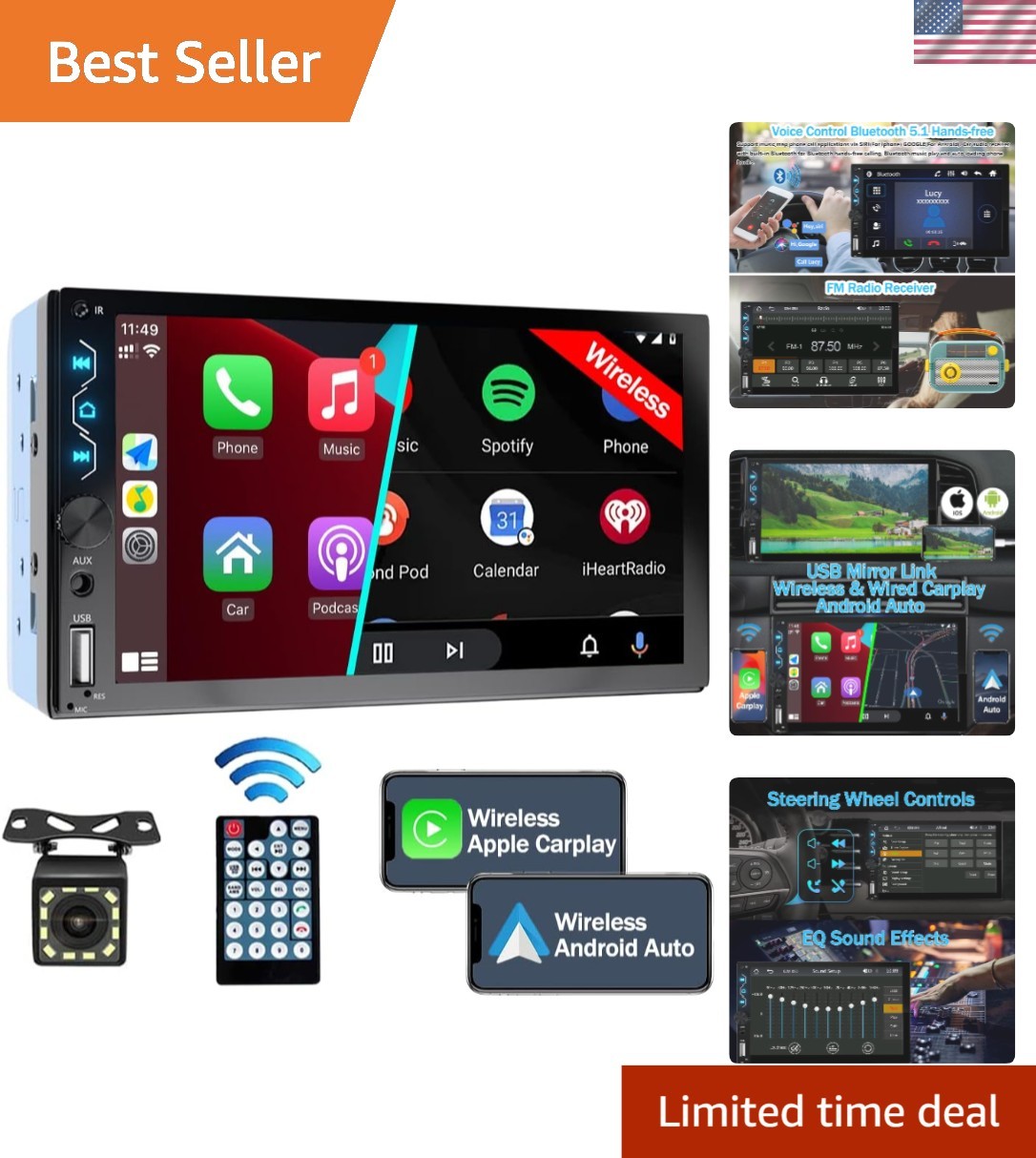 Double Din 7 Inch Car Stereo – Wireless Carplay, Backup Camera & Bluetooth 5.1