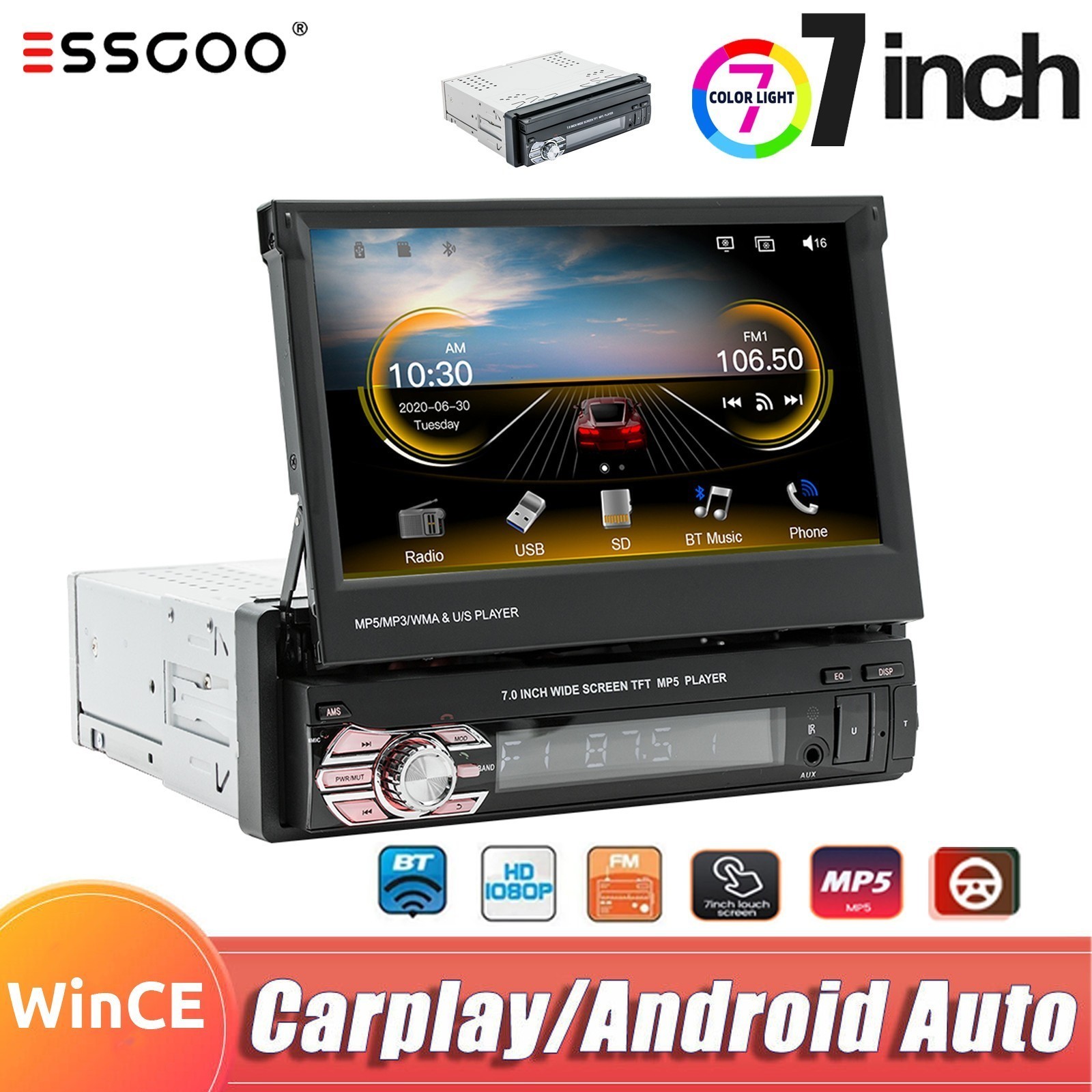 7″ Car Stereo Radio Carplay Android Auto Single 1 DIN Bluetooth USB AUX FM SWC