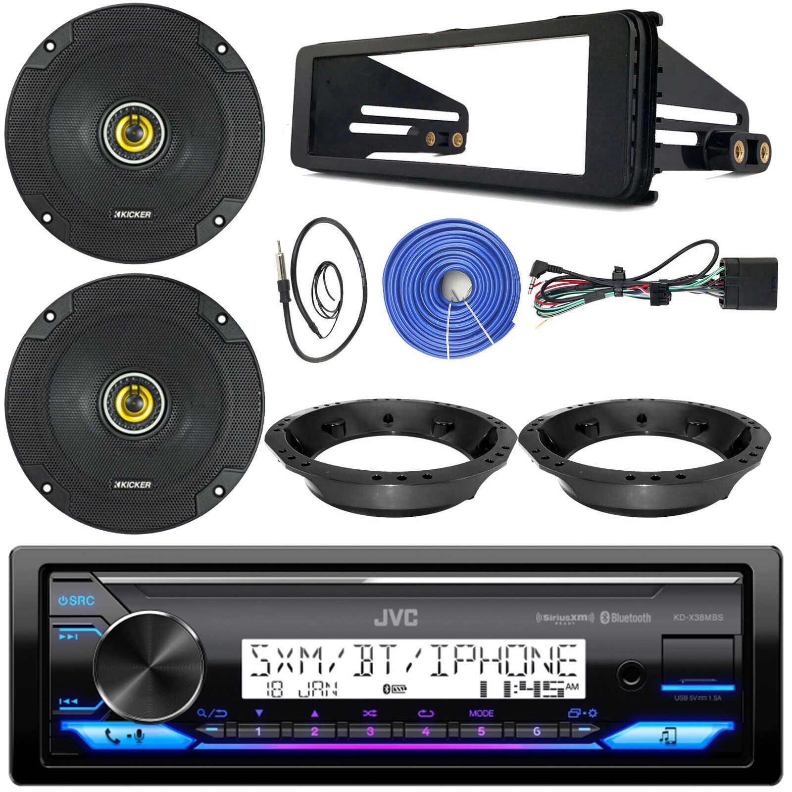 JVC KD-X38MBS Radio Receiver, 2x 6.5″ Speaker W/ Adapter,Wire, Dash Kit, Antenna