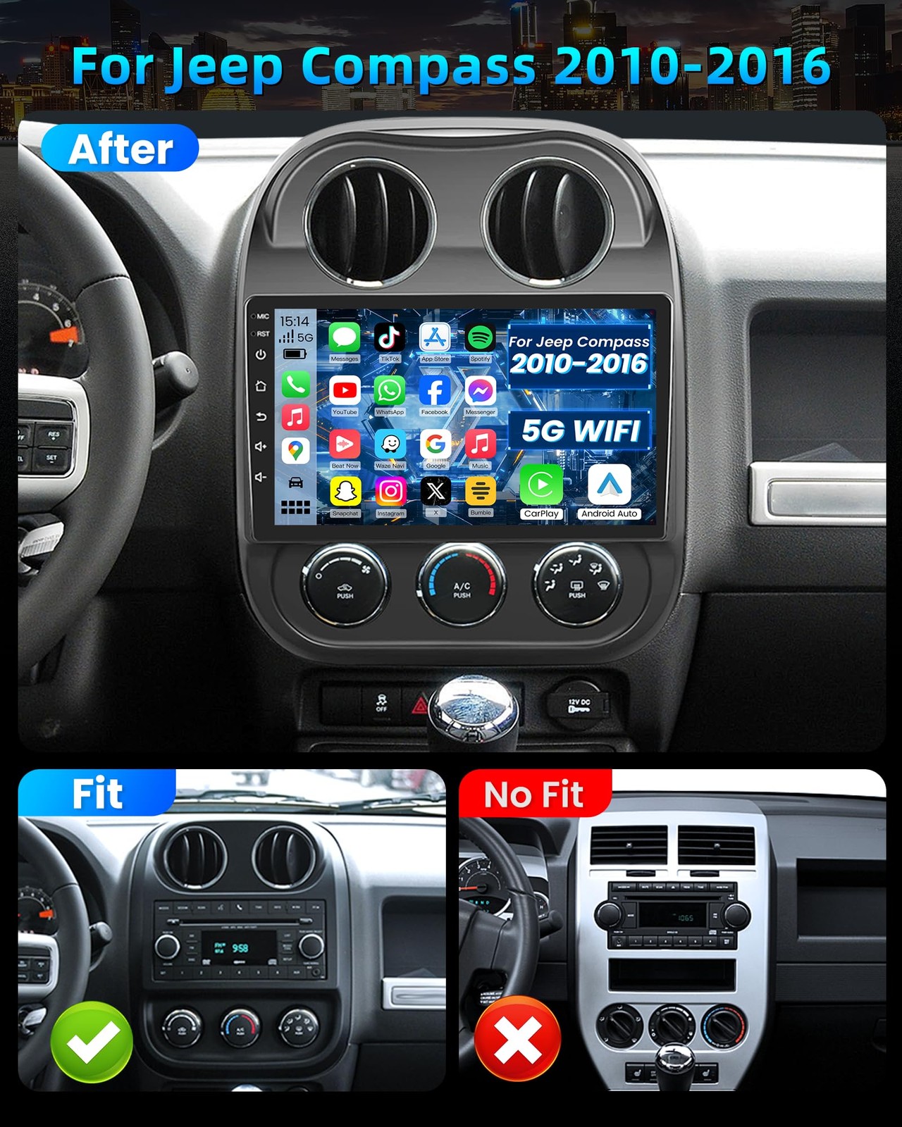 10” Car Radio for Jeep Compass Patriot 2010-2016, 4Core, 64GB, Bluetooth, GPS