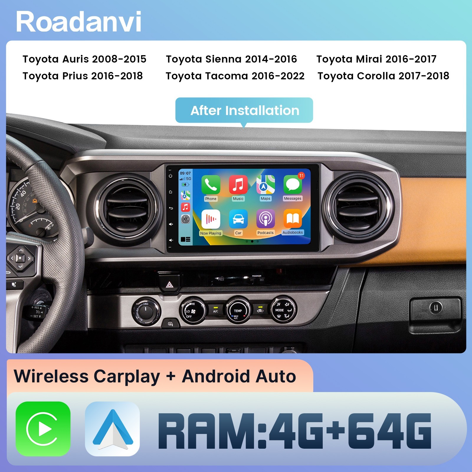 Roadanvi 9″ Car Radio for Toyota Tacoma Corolla Sienna Navigation CarPlay WiFi
