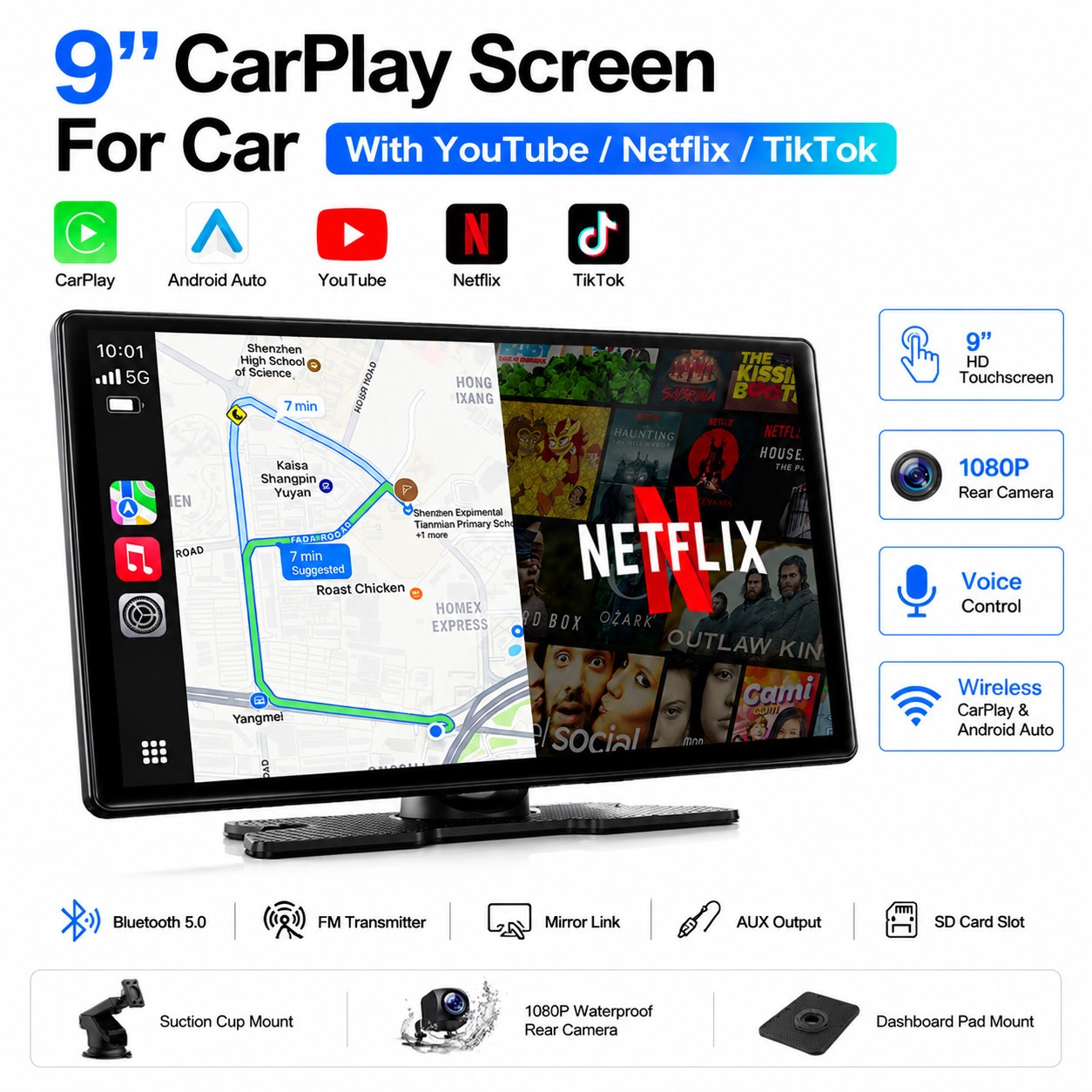 9”Wireless Apple CarPlay with Net-Flix YouTube AI Magic Video Box +Rear camera