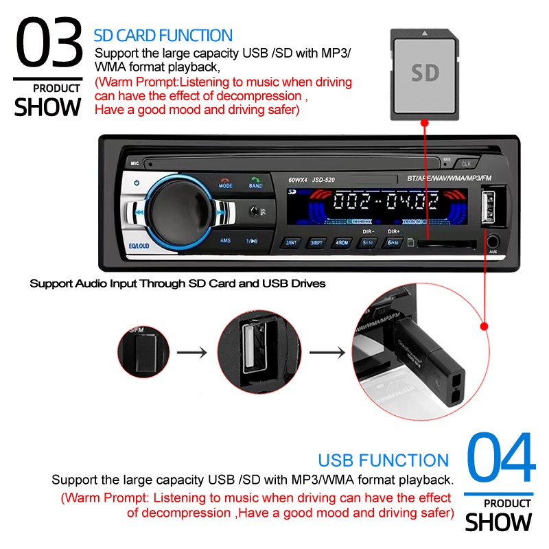 4x60W Single Din In-Dash Car Radio with Steering Remote Bluetooth MP3 Player