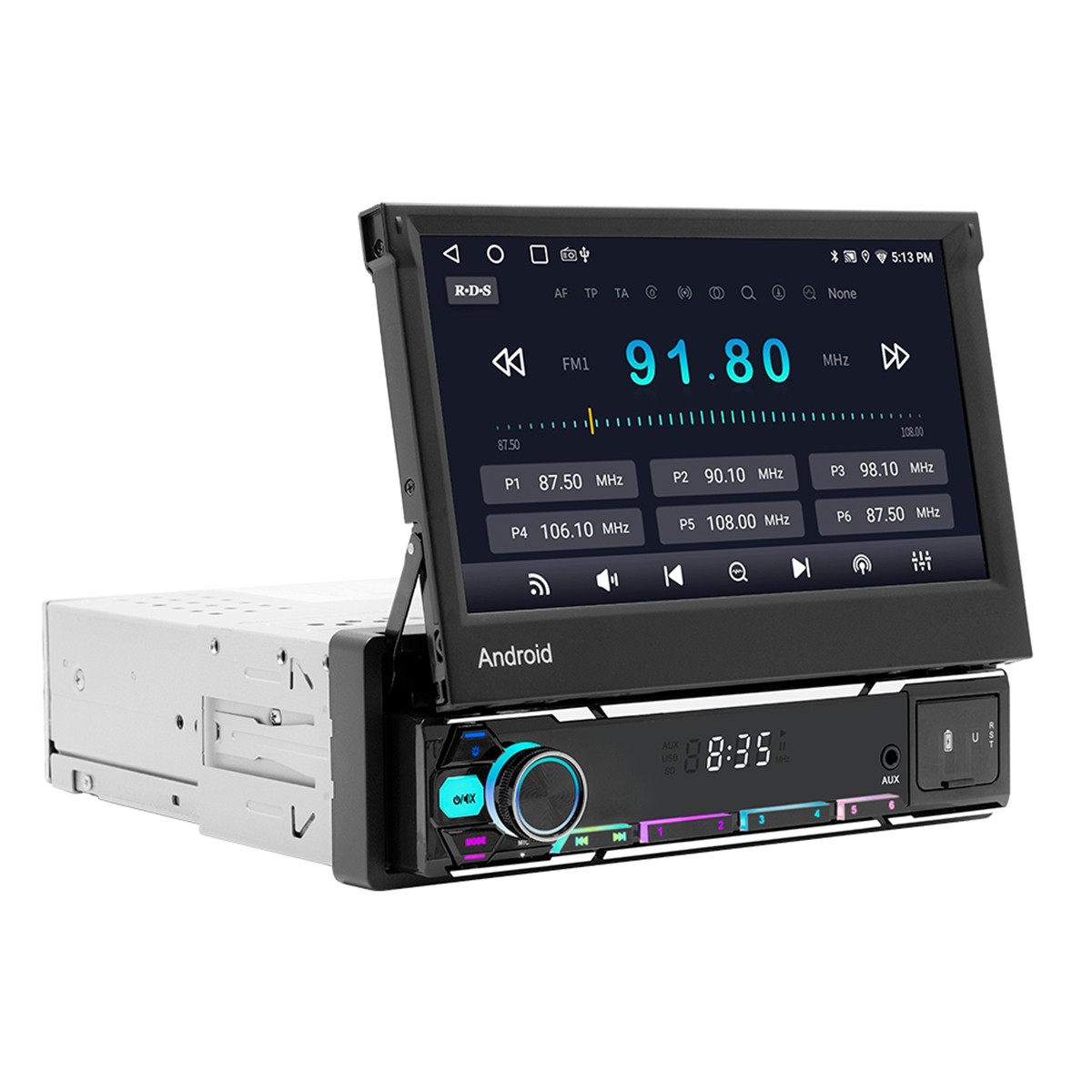 7” Single Din Android 15 Retractable Screen Car Stereo Radio GPS WIFI Carplay