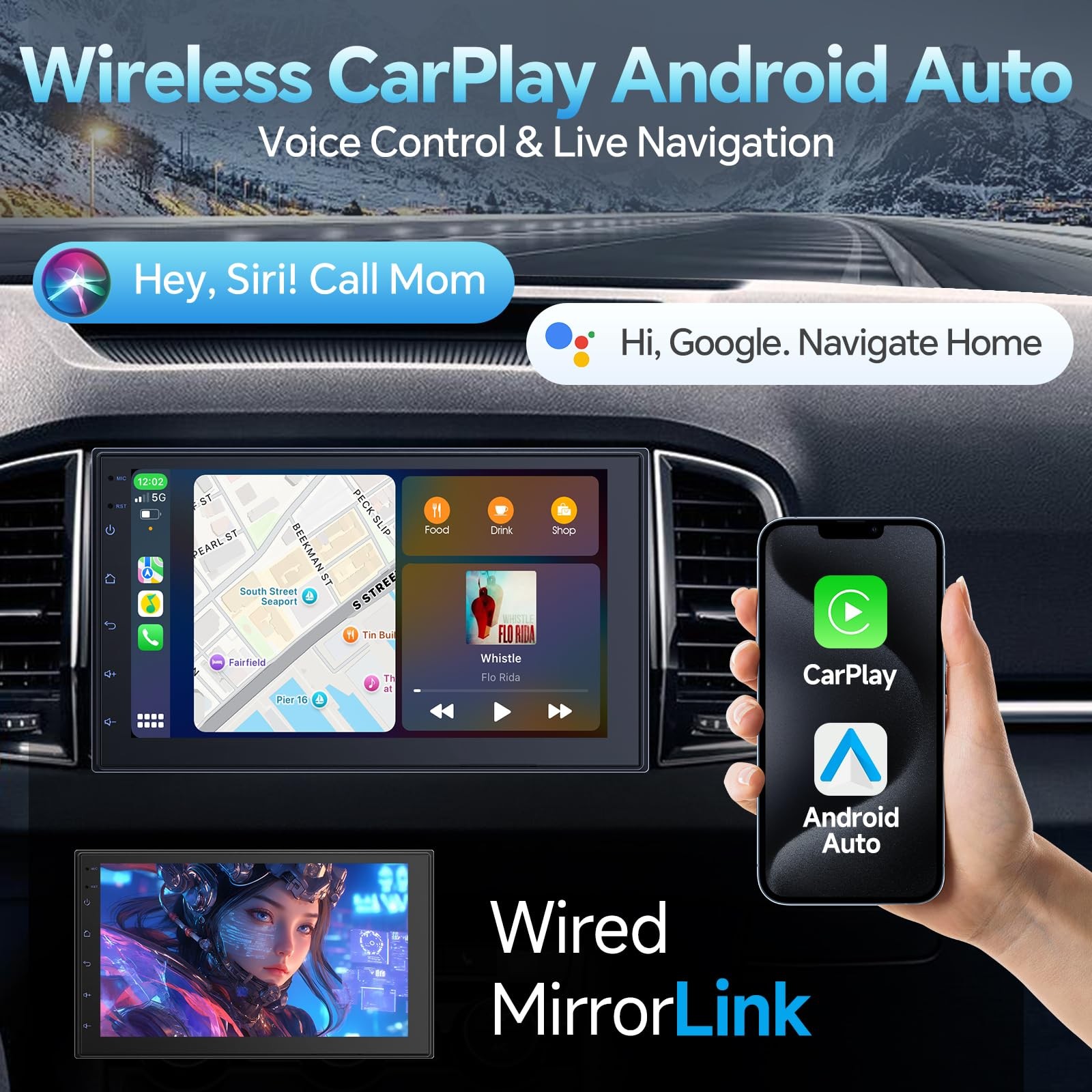 7″ Wireless CarPlay & Android Auto Touchscreen Double Din Stereo + Backup Cam