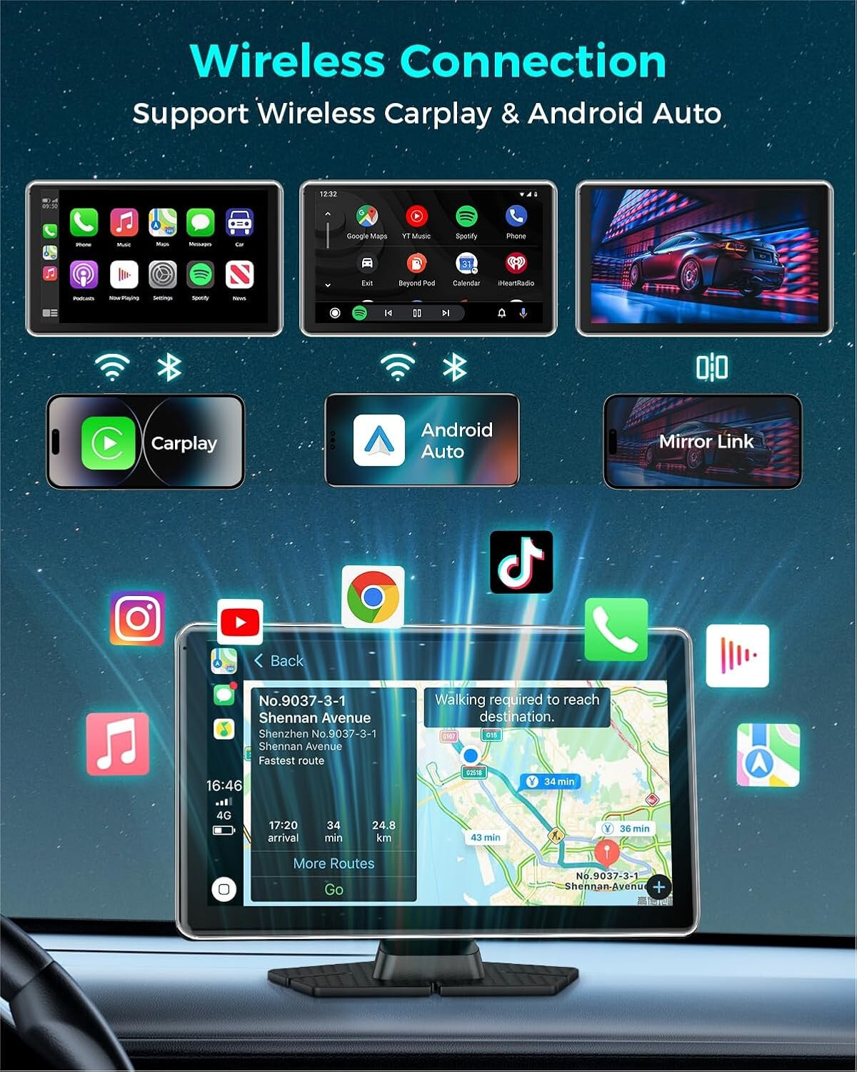 Wireless Carplay with 4K Dash Cam, 9″ Portable Carplay Screen for Car, Apple Car