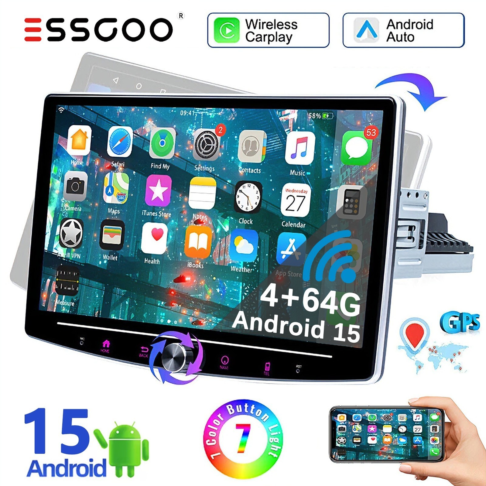 10.1″ Single 1 Din 4+64G Wireless CarPlay Rotatable Car Stereo Radio GPS Nav CAM