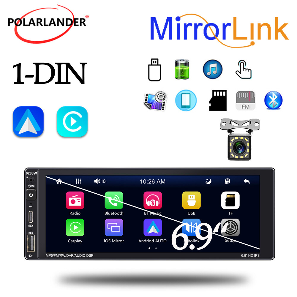 6.9″ 1 Din Car Stereo Bluetooth IOS Carplay Android Auto Mirror Link USB +Camera