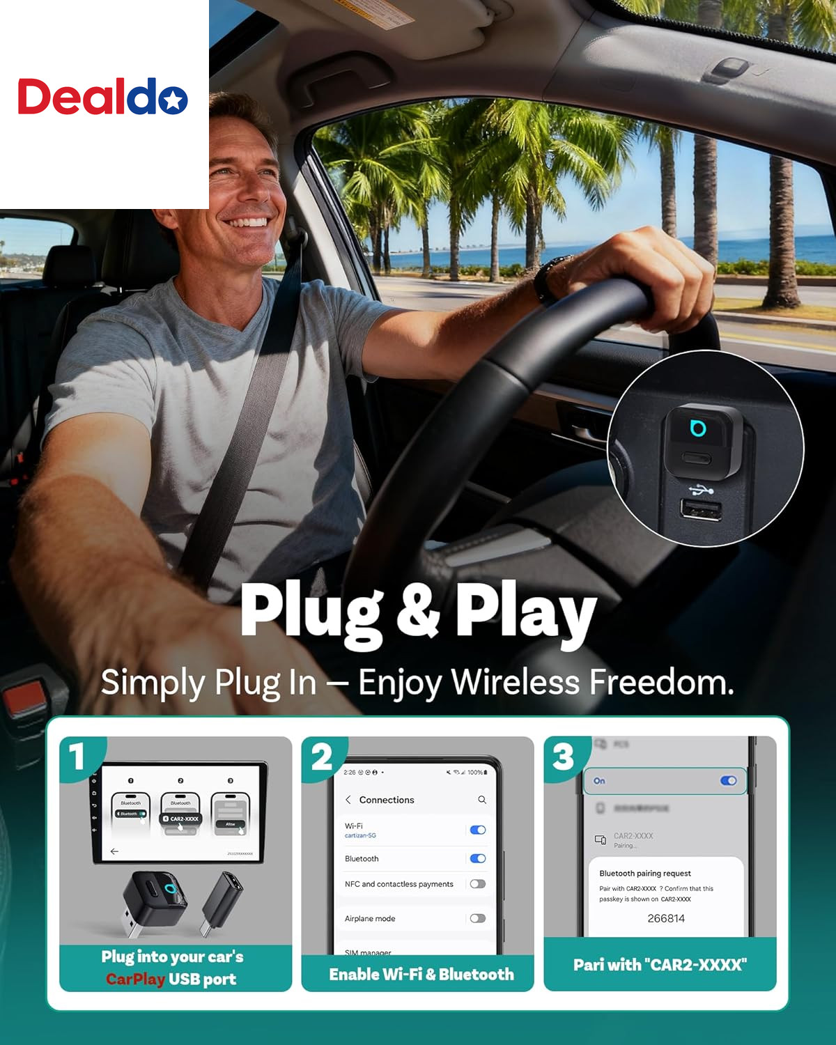 Mini Pico Wireless Carplay & Android Auto Adapter, Dual Wireless Conversion, Wi-
